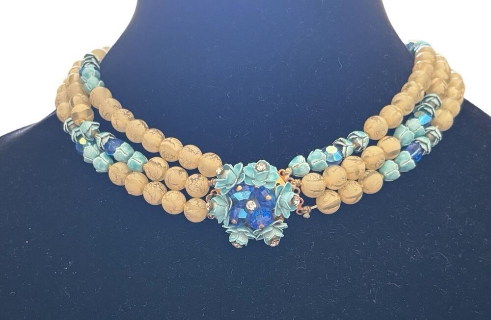 Art Deco Blue White Triple Strand Floral Statement Necklace 17” Hidden Box Clasp